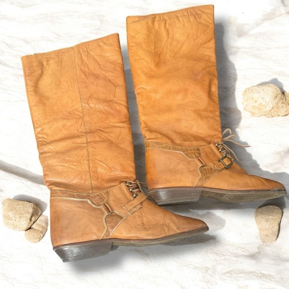 Vintage leather knee boots western cottagecore riding style romantic prairie 8.5 - Picture 1 of 9